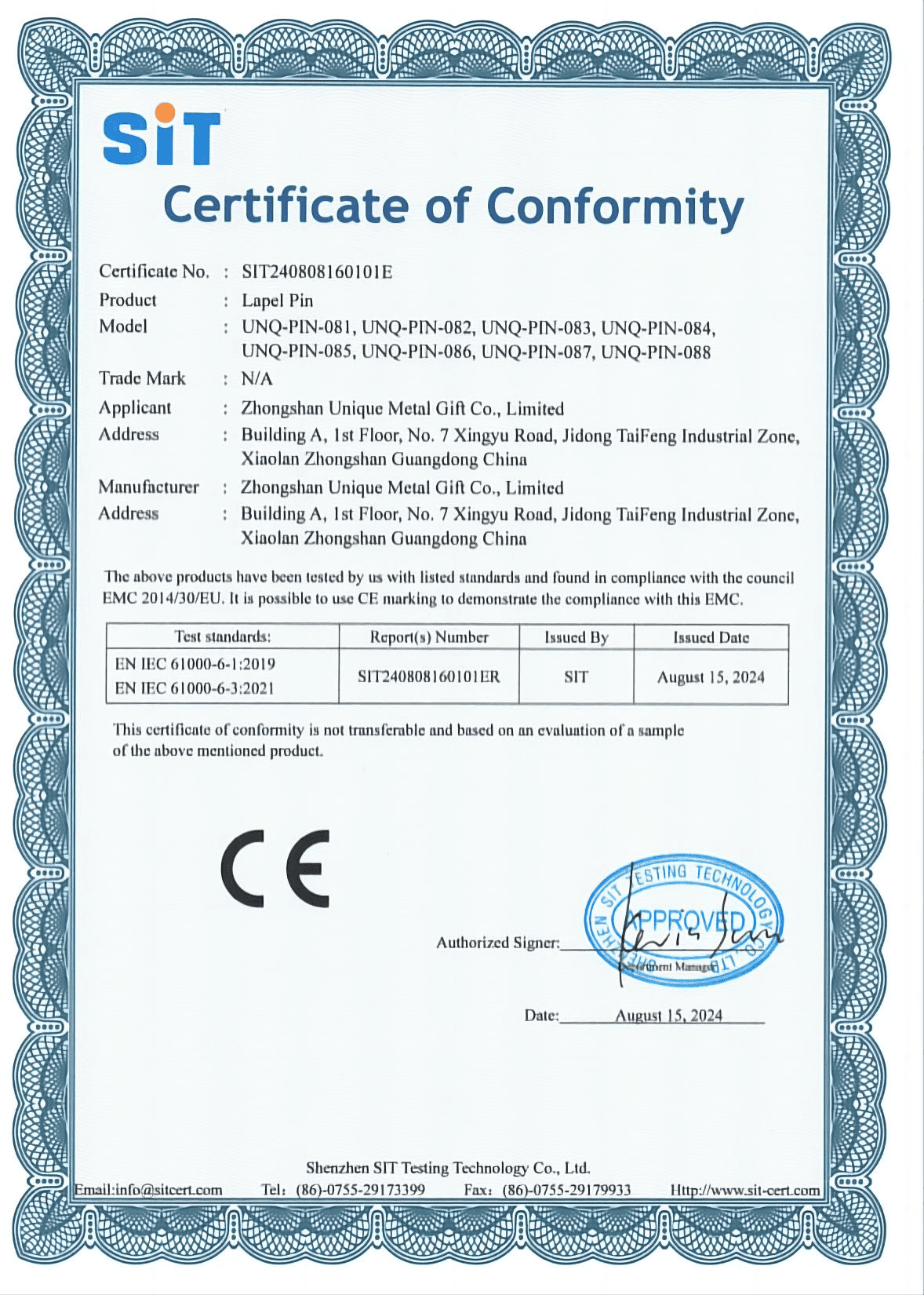 UniquePins CE Conformity Certificate – EU Safety Standards Compliant Custom Enamel Pins & Metal Crafts