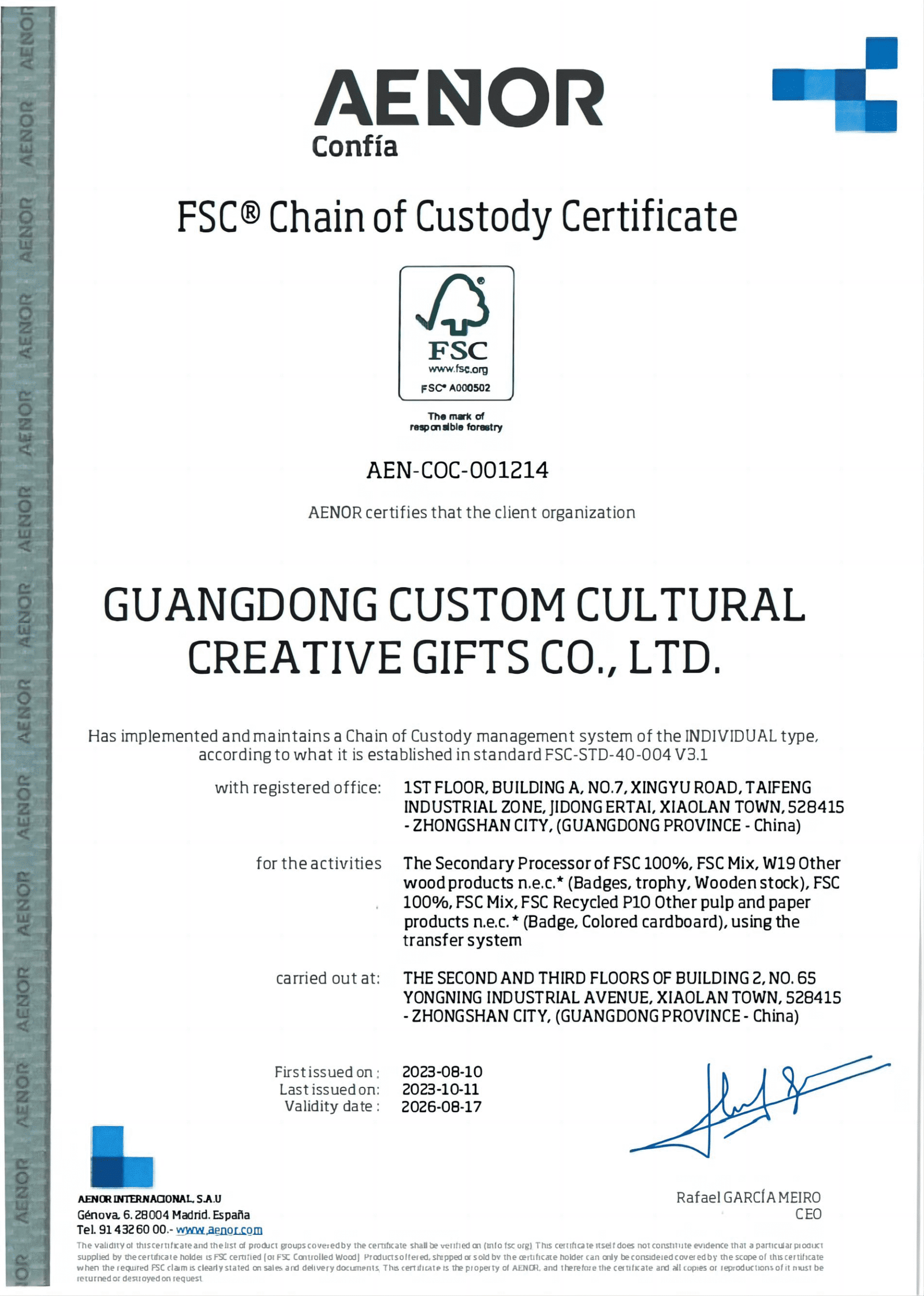UniquePins FSC® Chain of Custody Certified AENOR – Sustainable Packaging for Custom Pins & Medals