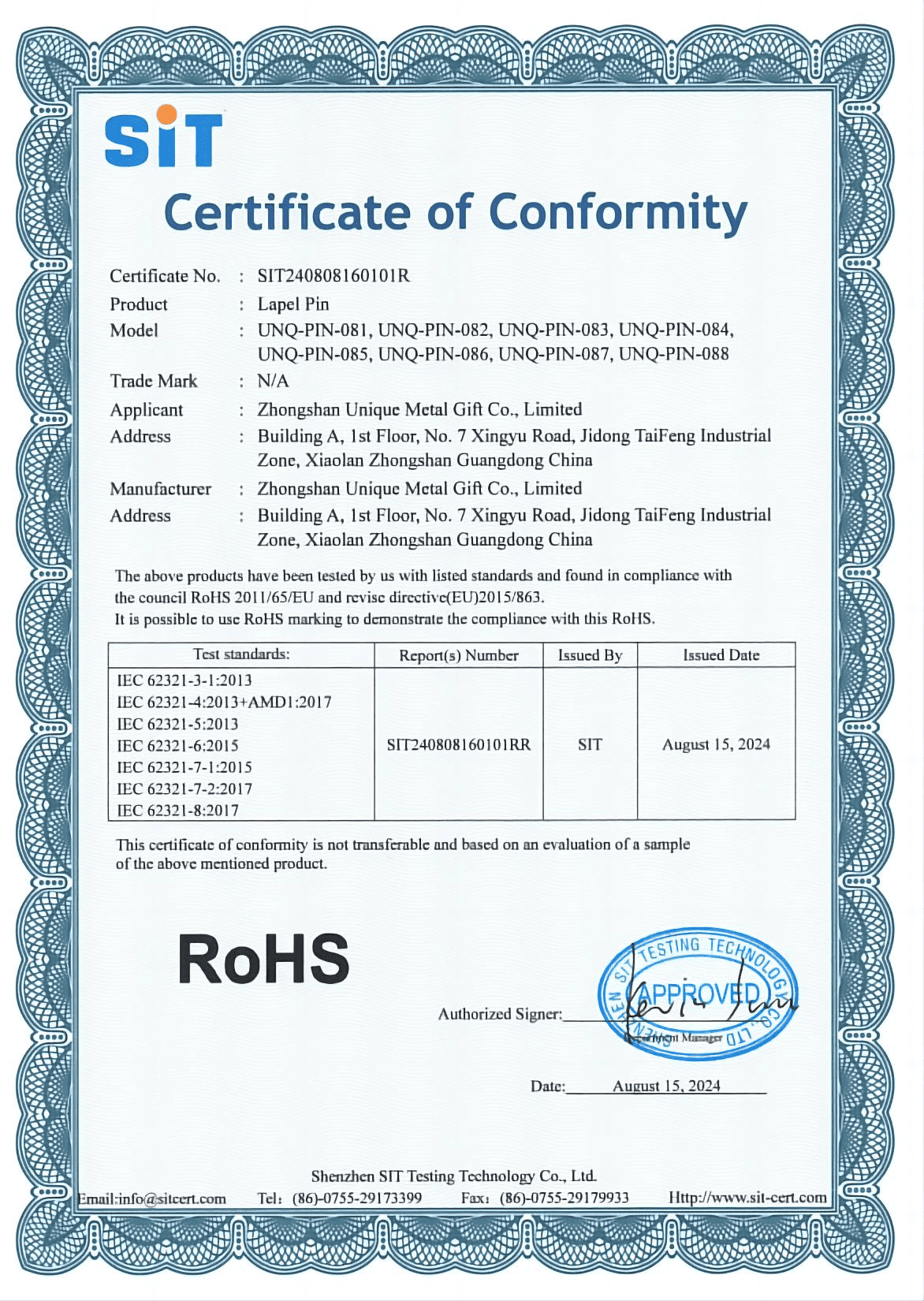 UniquePins RoHS Compliance Certificate – Lead-Free & Eco-Friendly Custom Metal Pins & Medals Manufacturer