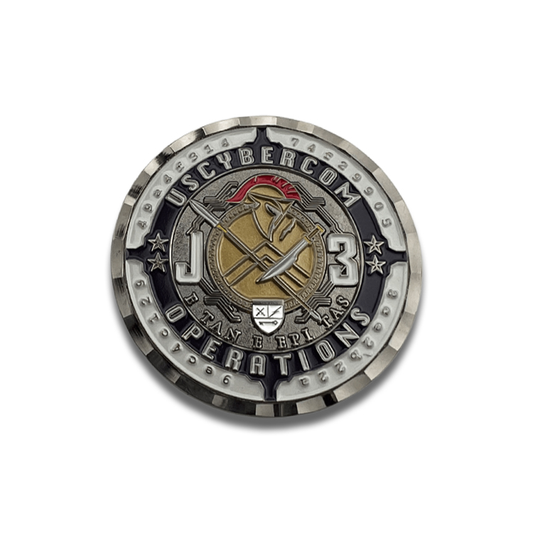 Custom metal challenge coin with an antique silver finish, black enamel, a central crossed-tool emblem, and raised lettering on a white background.