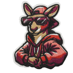 Embroidered kangaroo patch wearing sunglasses, a cap, and a red hoodie.
