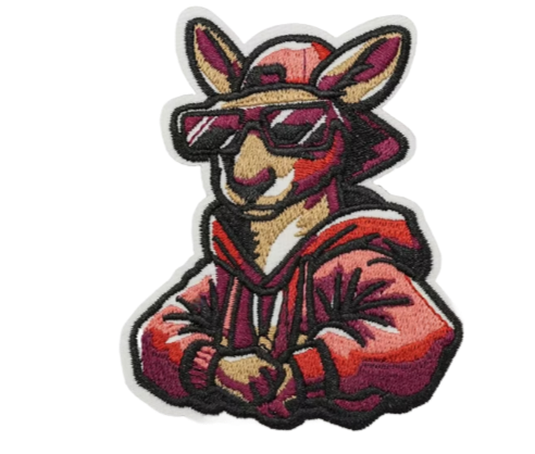 Embroidered kangaroo patch wearing sunglasses, a cap, and a red hoodie.