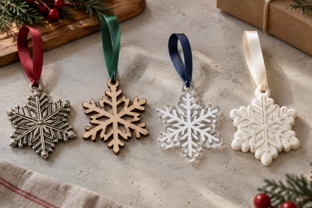 Comparison of metal, wood, acrylic and ceramic Christmas ornaments