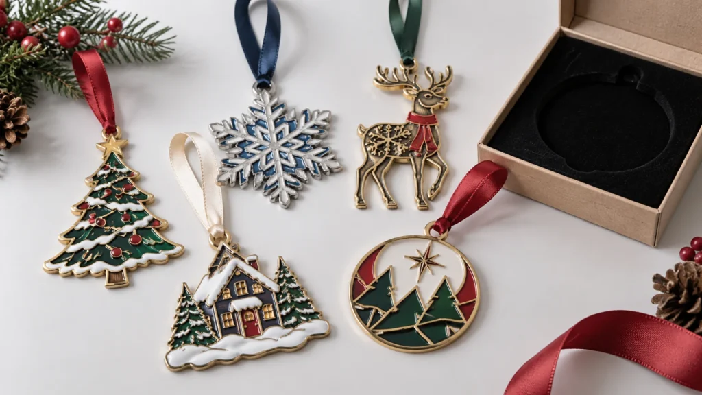 Custom metal Christmas ornaments with ribbons and gift packaging for bulk orders