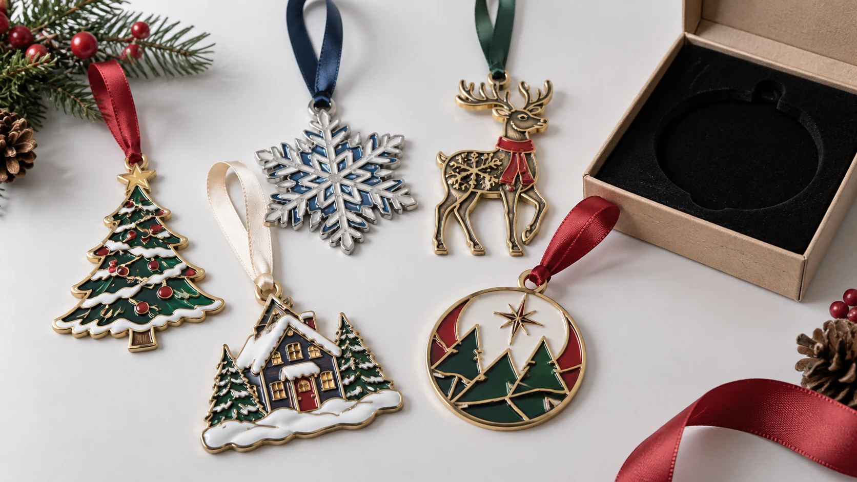 Custom metal Christmas ornaments with ribbons and gift packaging for bulk orders