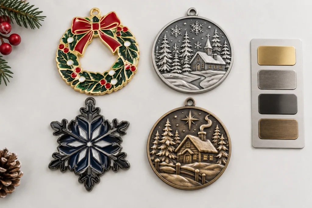 Custom metal ornaments with enamel, 3D relief, polished and antique finishes