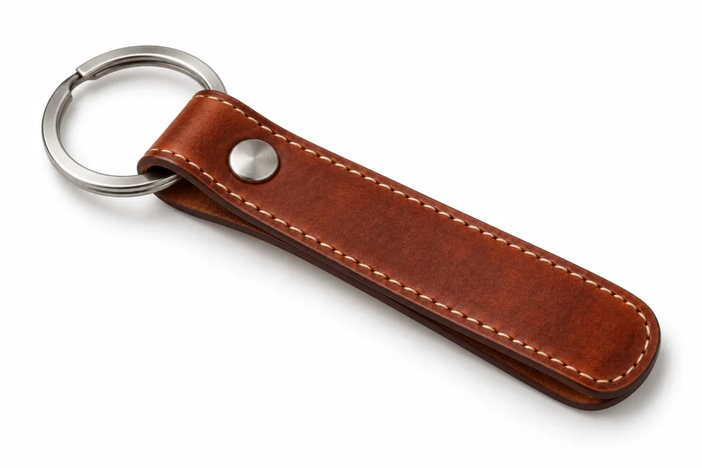 Brown stitched leather keychain with a silver split ring on a white background.