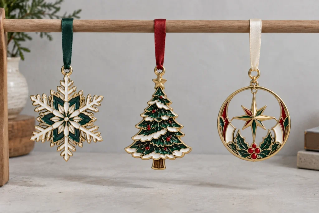 Custom metal ornament showing ribbon position, hanging hole and balanced orientation