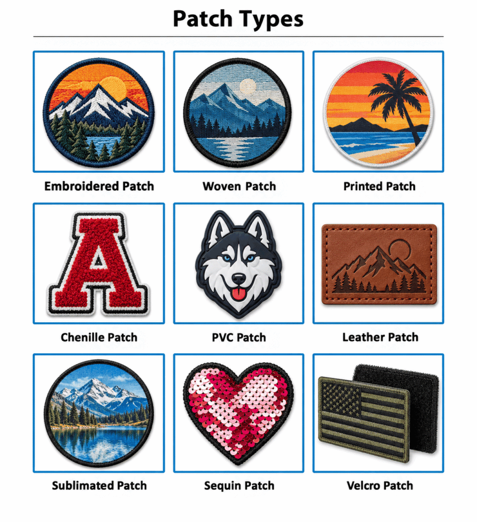 Nine custom patch styles in a grid: embroidered, woven, printed, chenille, PVC, leather, sublimated, sequin, and hook-and-loop patches.