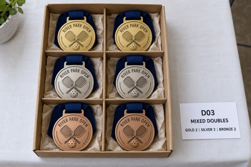 Two gold, two silver and two bronze pickleball medals grouped in a labeled box for one doubles division.