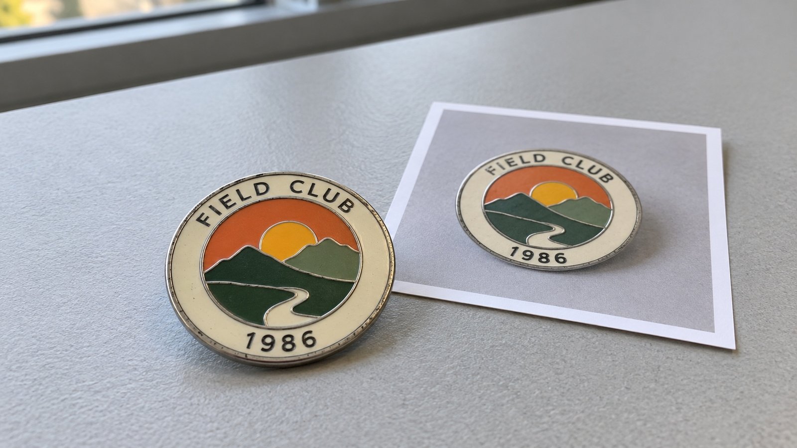 Worn lapel pin beside a printed photograph of its front design on an office desk