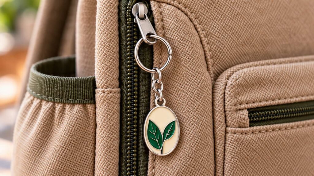 Close-up of a ring through a backpack zipper pull tab, linked to an enamel charm by a short chain