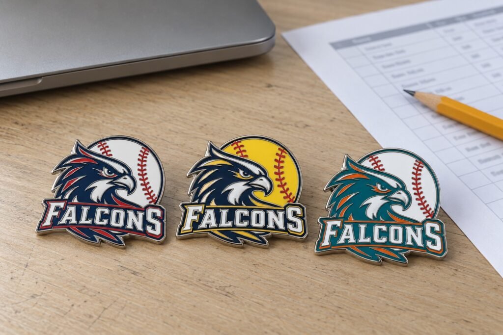 Baseball and softball team trading pins beside a quantity sheet on a sourcing desk