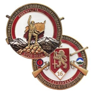 Double-sided military challenge coin with a raised soldier and mountain scene, a lion shield reverse and an antique gold-tone border.