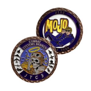 Both sides of a bronze-tone aviation challenge coin showing a skull pilot, aircraft silhouettes and a colorful MOJO reverse.