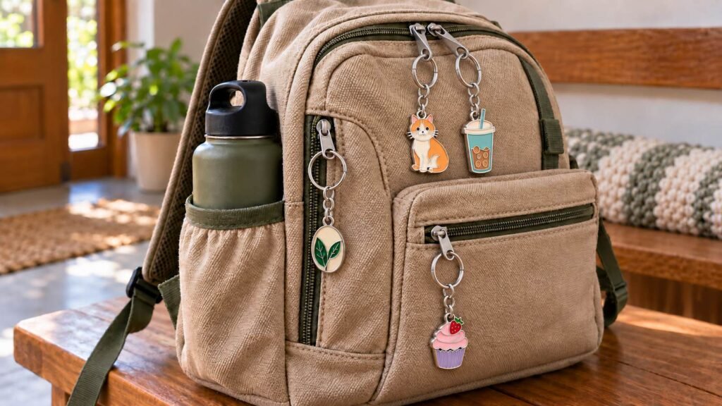 Enamel metal bag charm hanging from a backpack zipper beside a side pocket and water bottle