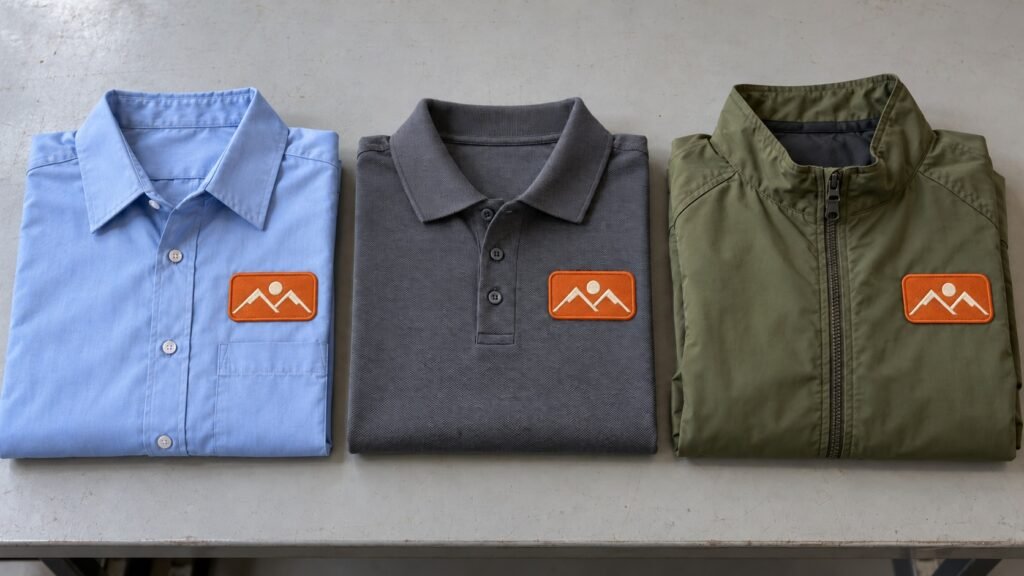 Work shirt, polo shirt and jacket displaying matching company logo patches.