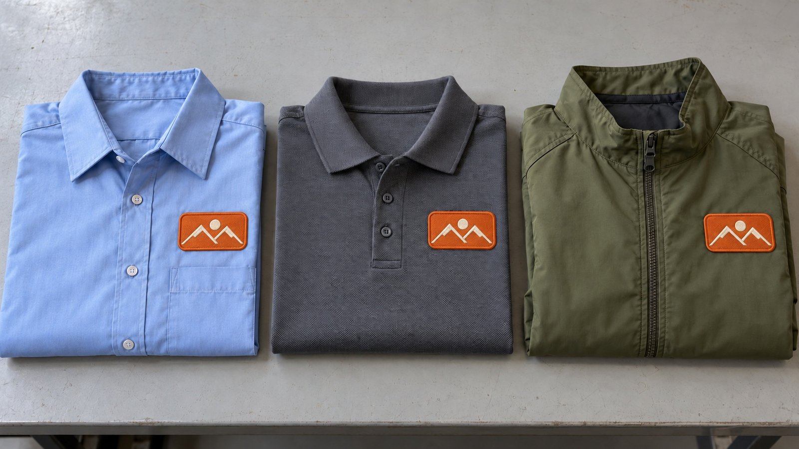 Work shirt, polo shirt and jacket displaying matching company logo patches.