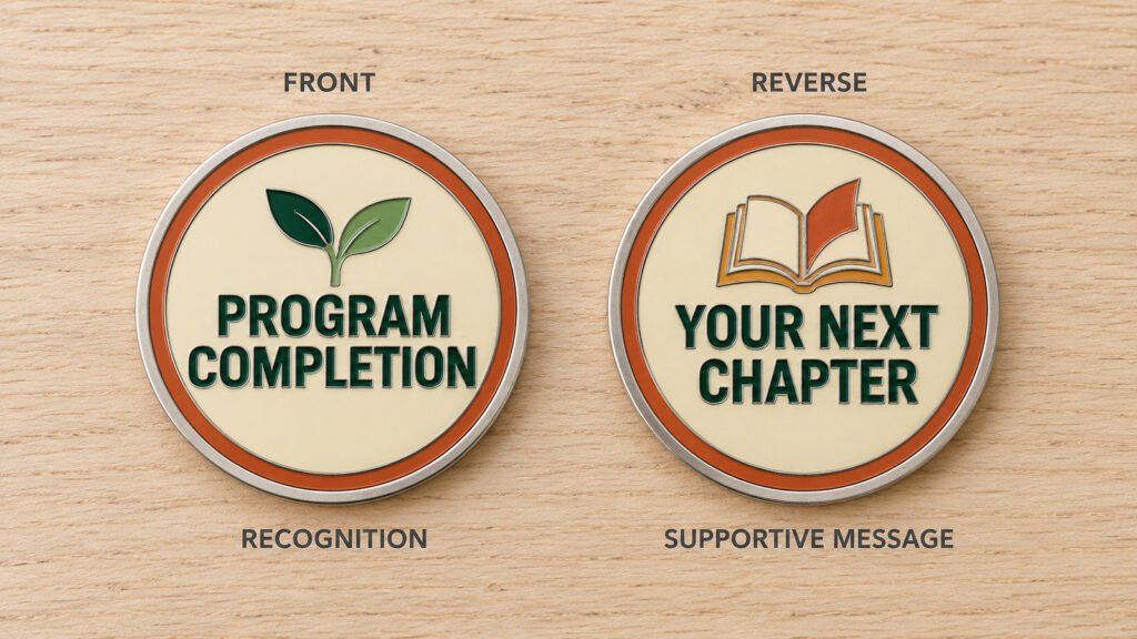 Flat layout showing PROGRAM COMPLETION on the coin front and YOUR NEXT CHAPTER on the reverse.