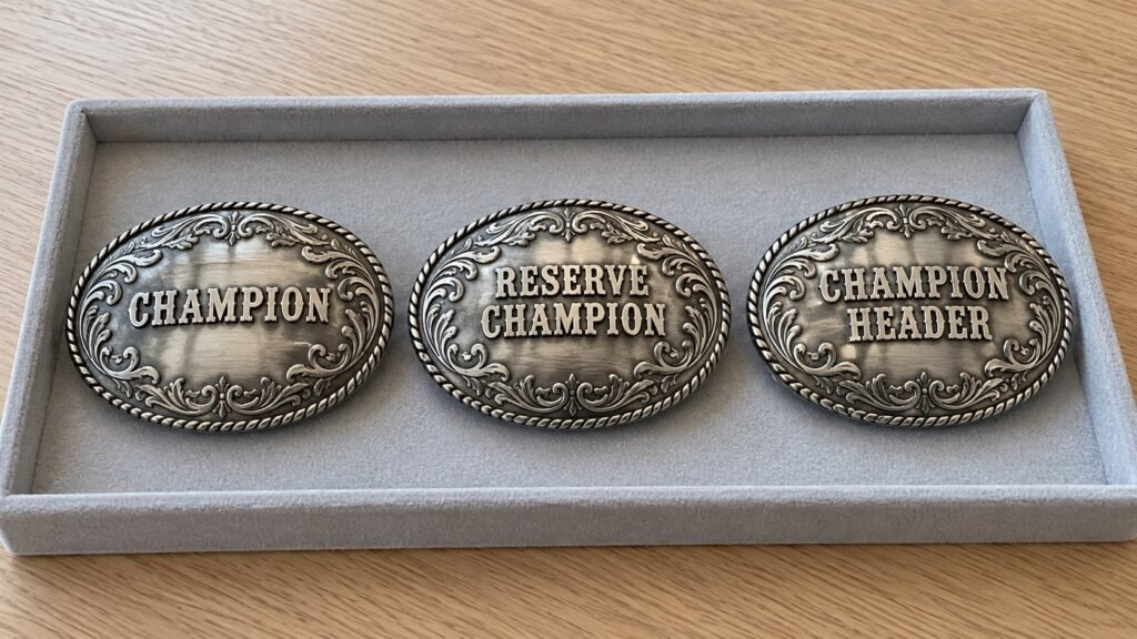 Matching rodeo award buckles labeled Champion, Reserve Champion and Champion Header