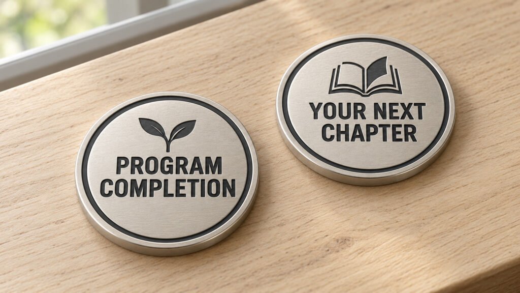 Concept mockup of a recovery coin with PROGRAM COMPLETION on the front and YOUR NEXT CHAPTER on the reverse.