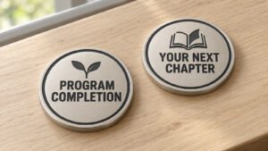 Concept mockup of a recovery coin with PROGRAM COMPLETION on the front and YOUR NEXT CHAPTER on the reverse.