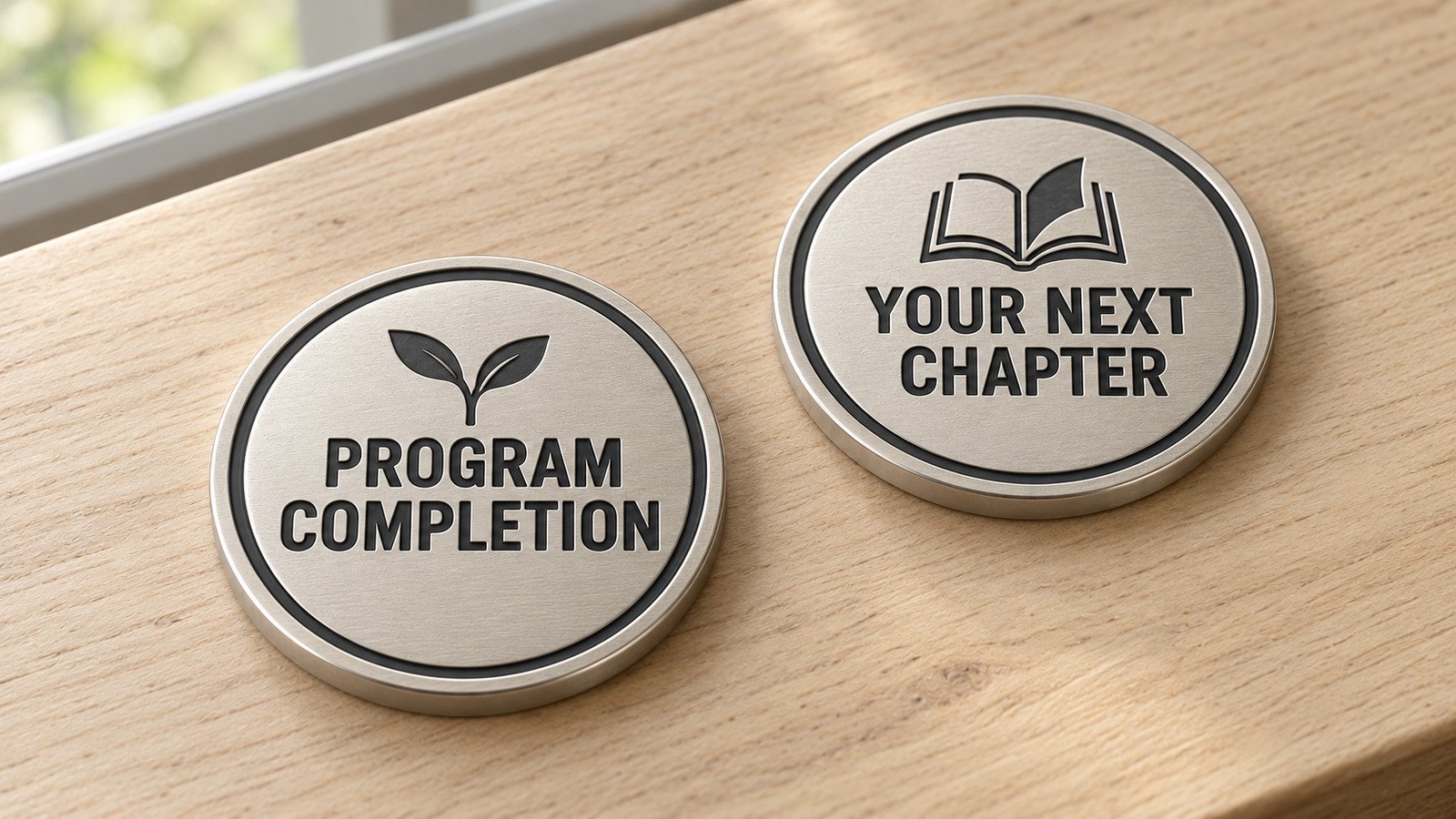 Concept mockup of a recovery coin with PROGRAM COMPLETION on the front and YOUR NEXT CHAPTER on the reverse.