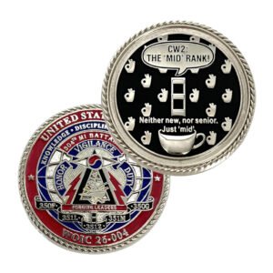 Front and reverse of a silver-tone warrant officer challenge coin with red and blue enamel, a black CW2 design and rope borders