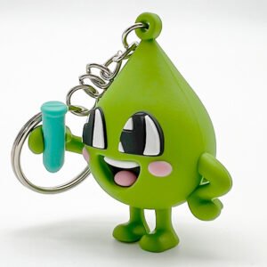 Green droplet mascot keychain holding a turquoise test tube, with raised facial details, a short metal chain and a split ring.