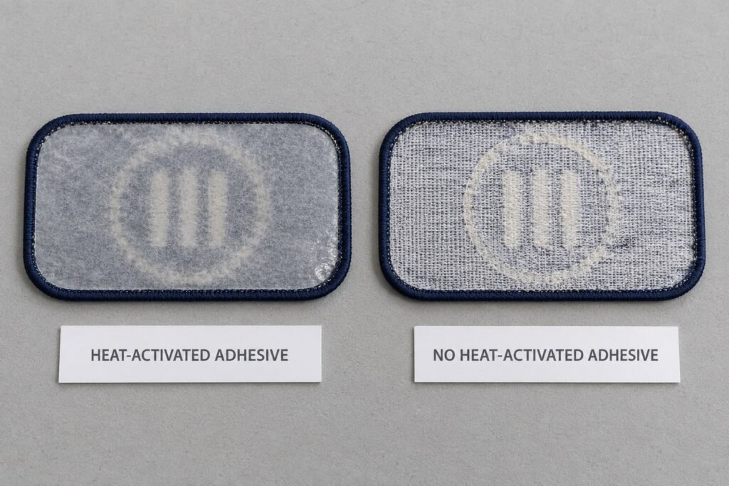Back views of matching patches, one with heat-activated adhesive and one without heat-activated adhesive for sewing.