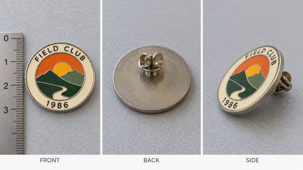 Three views of the same lapel pin showing its front, back attachment and side profile, with a ruler beside the front view