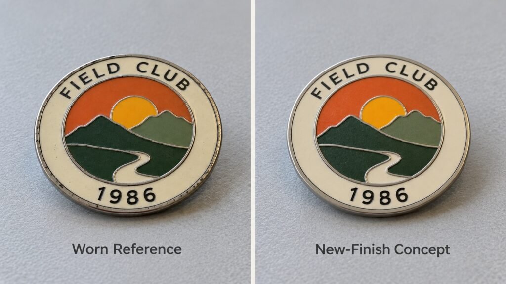 Side-by-side illustration of the same lapel pin design with a worn surface and a clean new-finish appearance