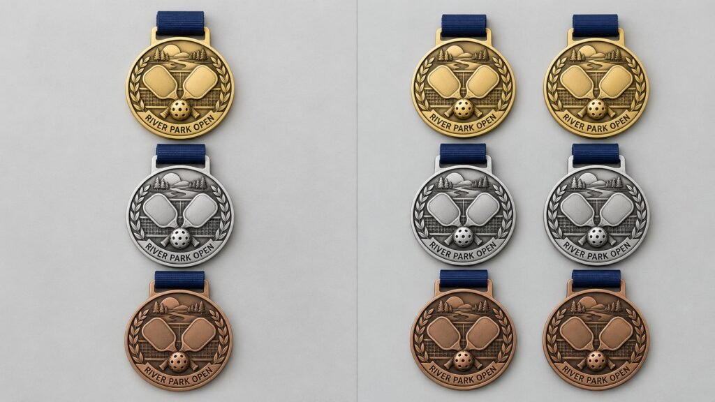 Comparison showing three medals for singles and six for doubles, with one gold, silver and bronze award per division.
