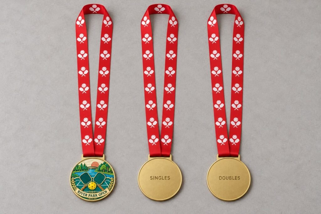 Pickleball medal samples showing a shared front design and reverse text for singles and doubles.