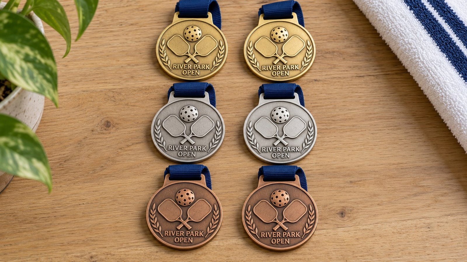 Six matching pickleball medals arranged in gold, silver and bronze pairs on an event preparation table.
