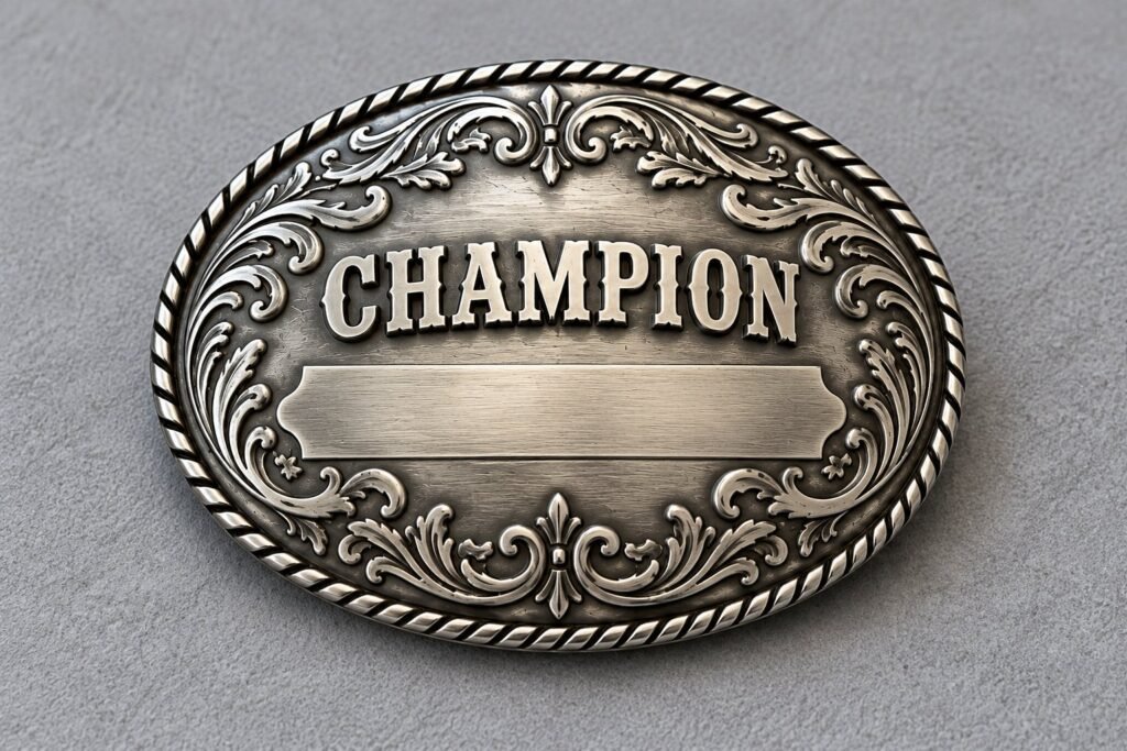 Rodeo award buckle with completed award lettering and a blank panel reserved for a winner’s name