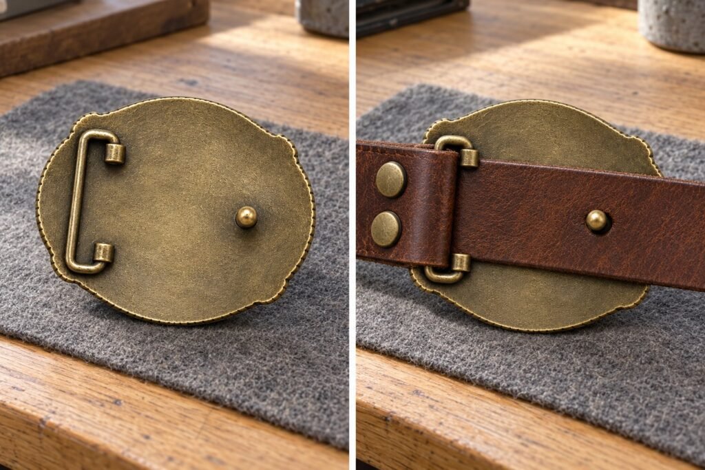 Rear attachment of a rodeo belt buckle shown separately and connected to a leather belt