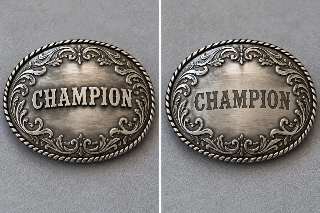Close-up comparison of raised lettering and laser-marked text on metal award buckles