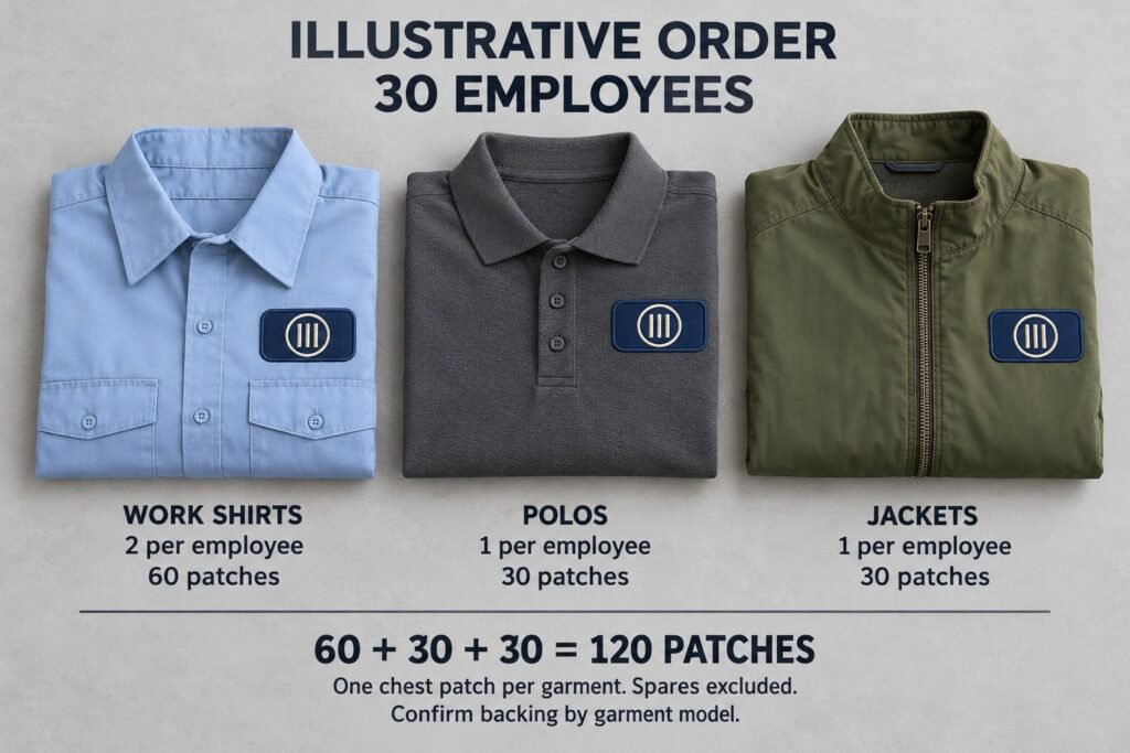 Example order for 30 employees: 60 work shirts, 30 polos and 30 jackets, requiring 120 chest patches before spares.