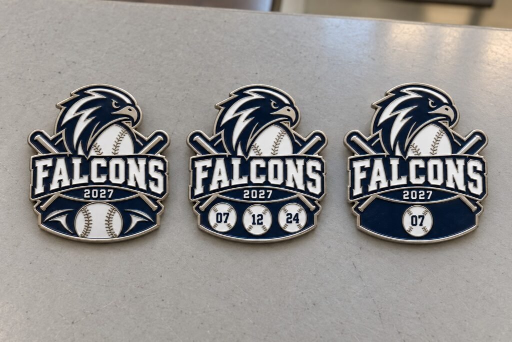 Three team pin layouts showing a shared logo, a complete number list and an individual player number
