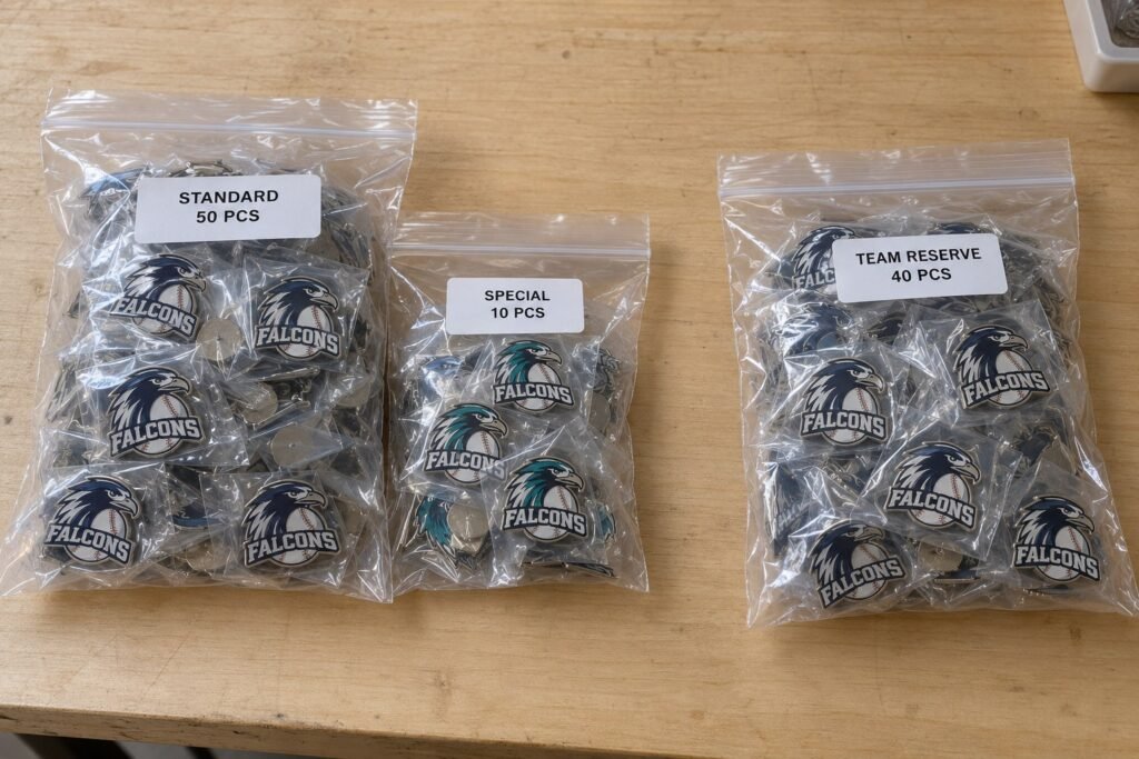 Standard and special trading pins grouped in a player pack beside a separate reserve pack